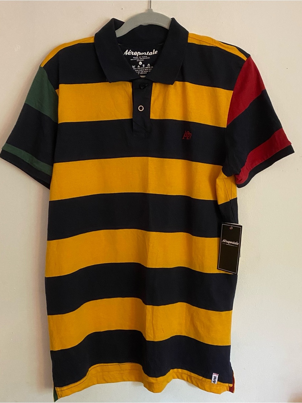 Aeropostale Men's Yellow, Navy, Green & Red Striped Polo: Size Large